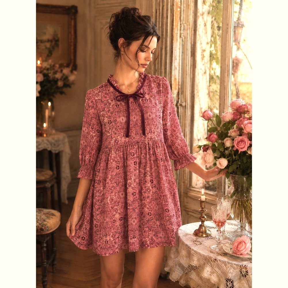 For Love & Lemons Pink Floral M Babydoll Dress Cottagecore Romantic Boho Fairy